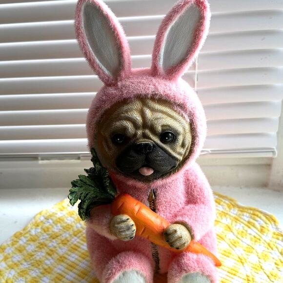 Pug Dressed in Pink Fuzzy Bunny Suit Figurine NWT - Picture 1 of 8